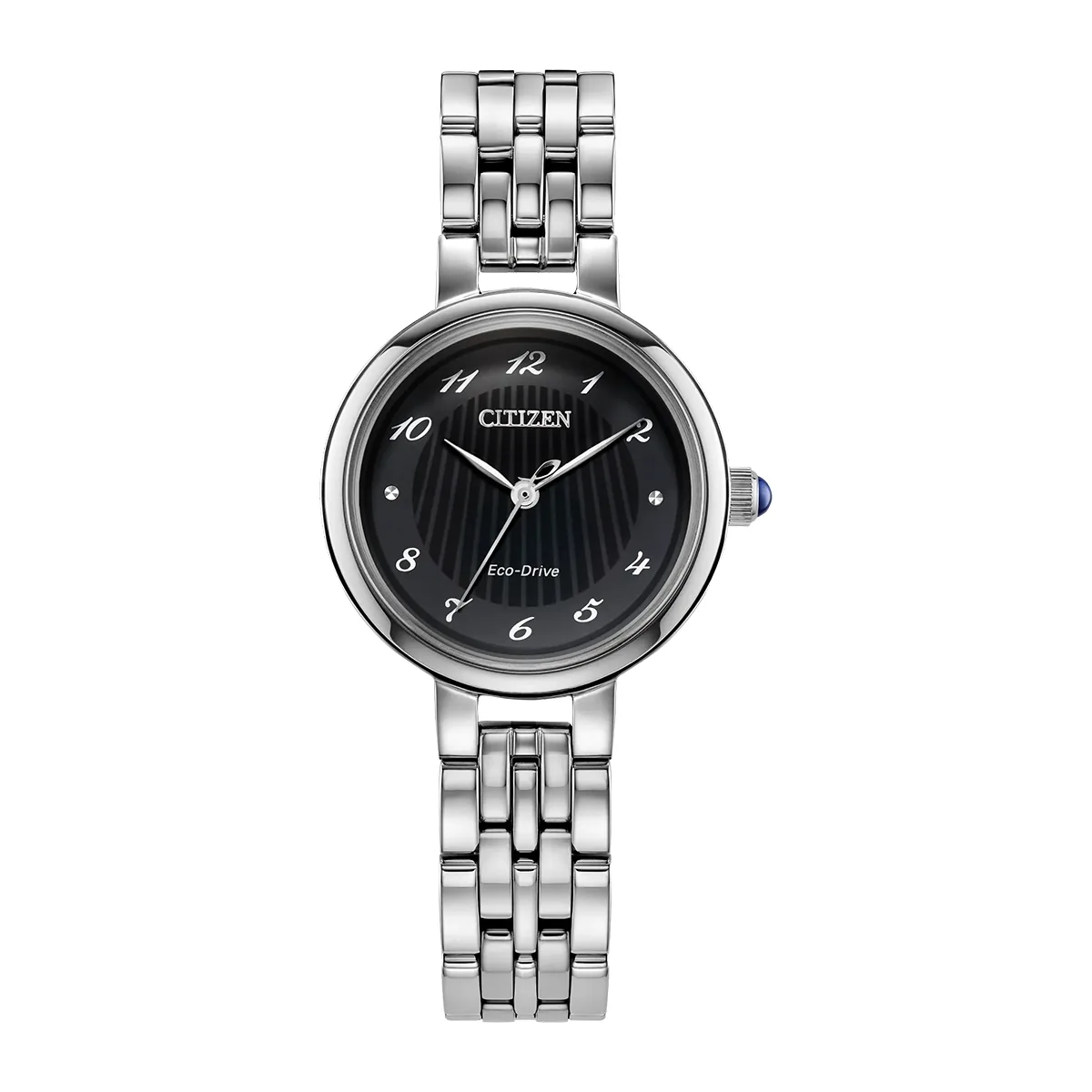 Reloj Citizen análogo, para Dama, tablero redondo color negro, estilo puntos + arábigo, pulso acero color plateado