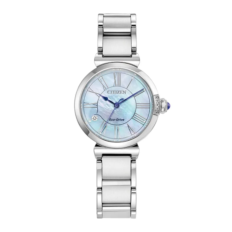 Reloj Citizen analogo, para Dama, tablero redondo color azul, estilo romanos, pulso acero color plateado