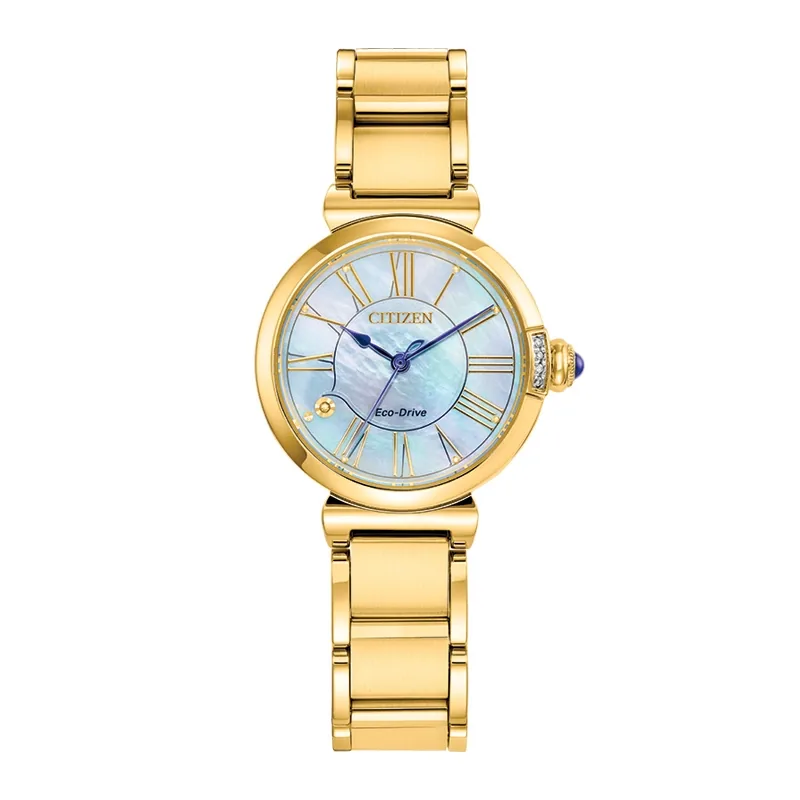 Reloj Citizen analogo, para Dama, tablero redondo colores azul y blanco, estilo romanos, pulso acero colores plateado y dorado