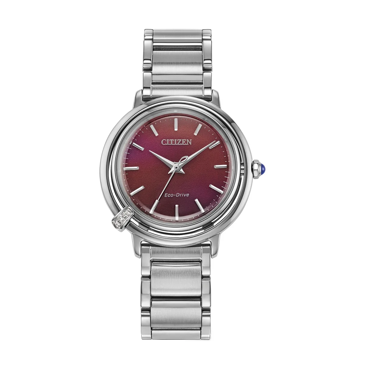 Reloj Citizen analogo, para Dama, tablero redondo color rojo, estilo index, pulso acero color plateado
