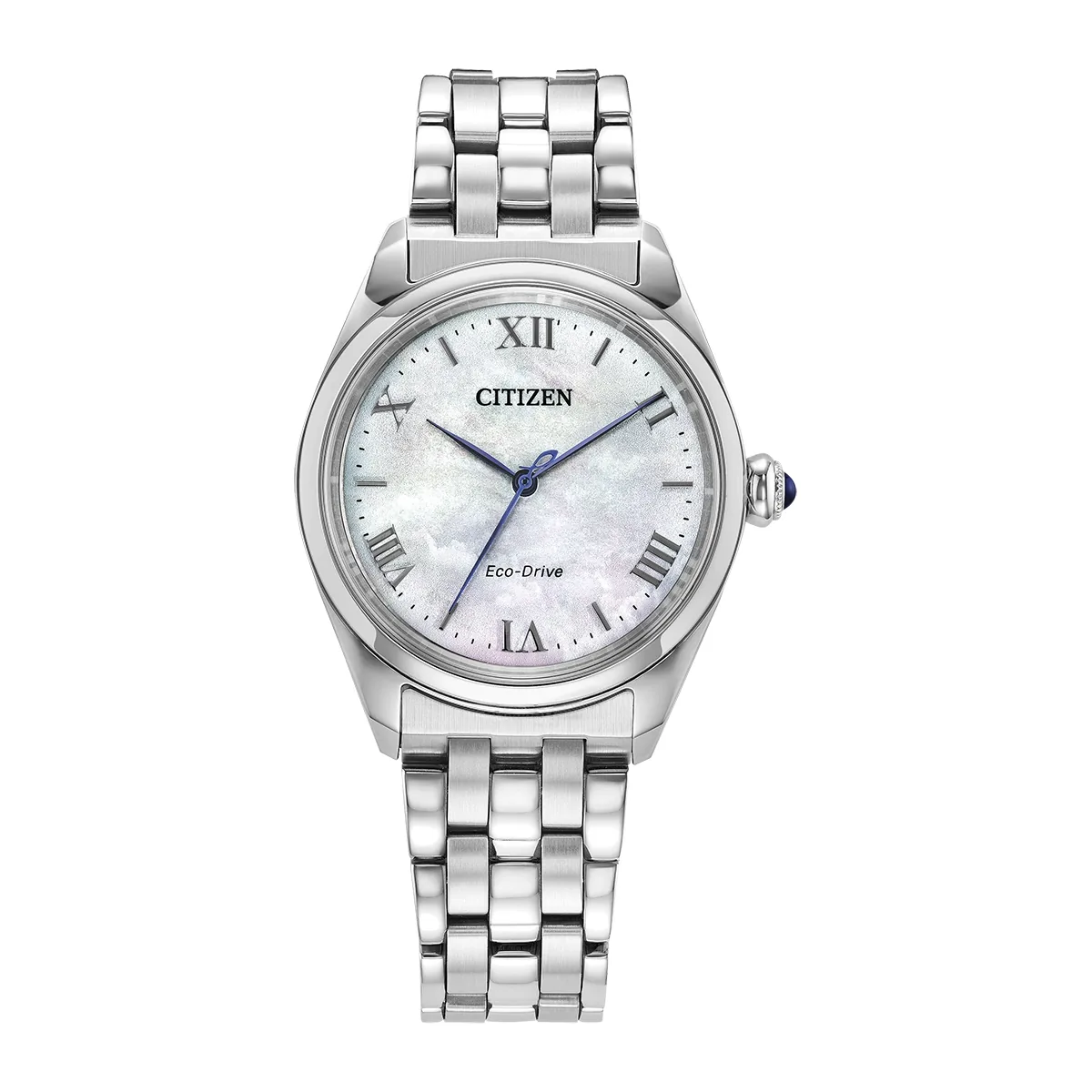 Reloj Citizen análogo, para Dama, tablero redondo color blanco, estilo index + romano, pulso acero color plateado