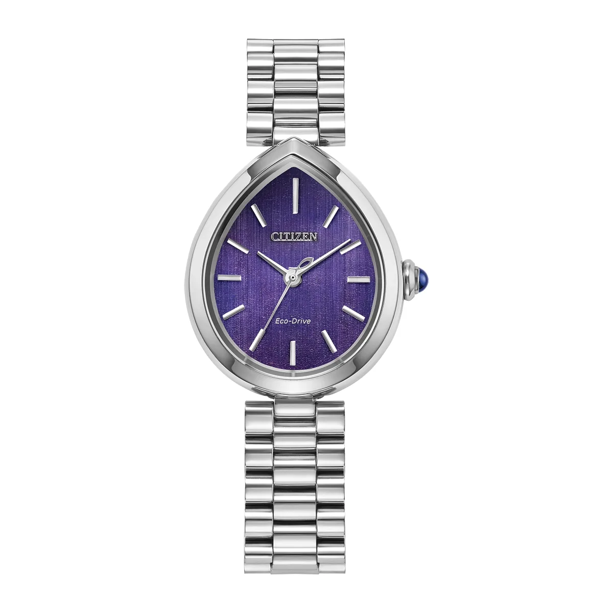 Reloj Citizen análogo, para Dama, tablero ovalado colores morado y azul, estilo index, pulso acero color plateado