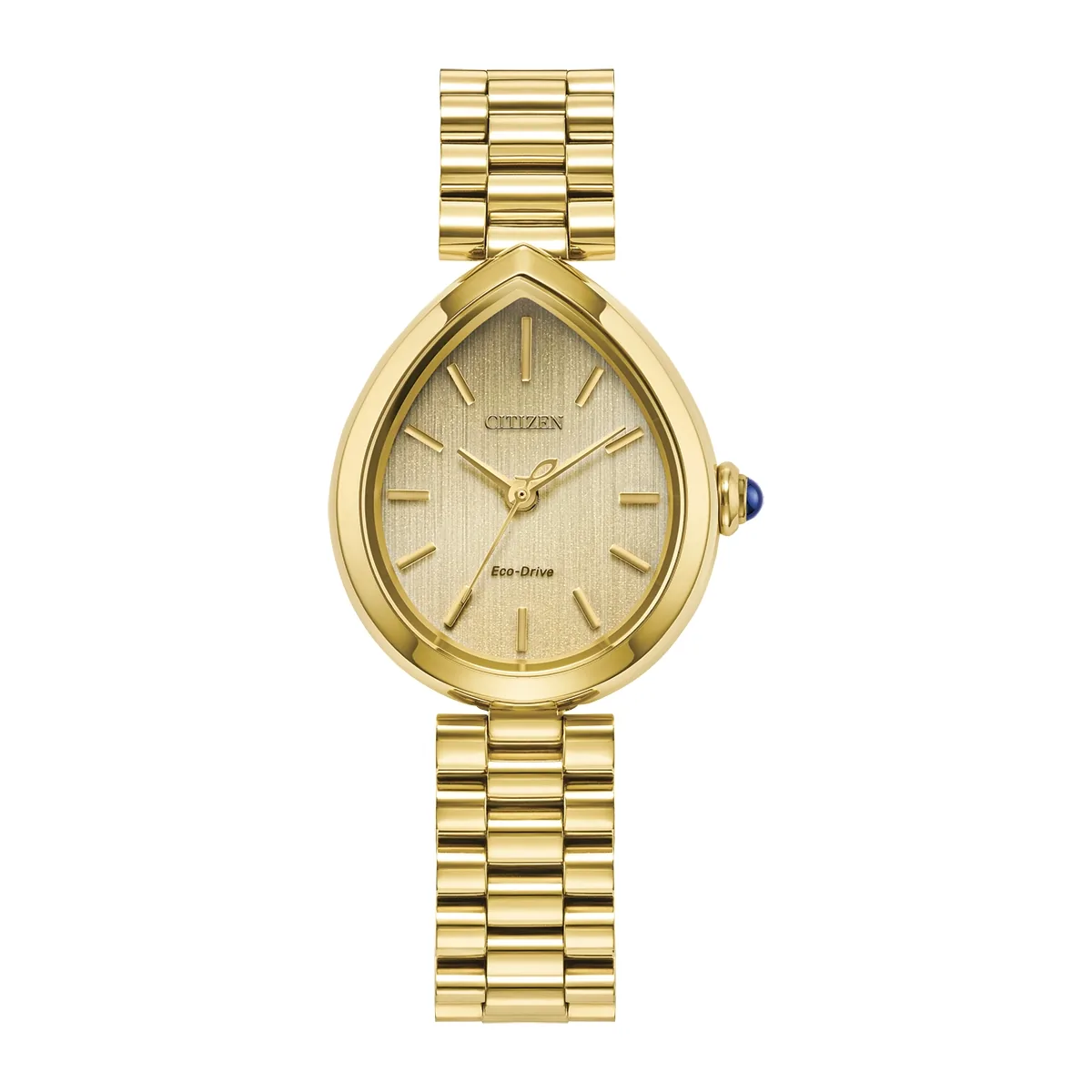 Reloj Citizen análogo, para Dama, tablero ovalado color dorado, estilo index, pulso acero color dorado