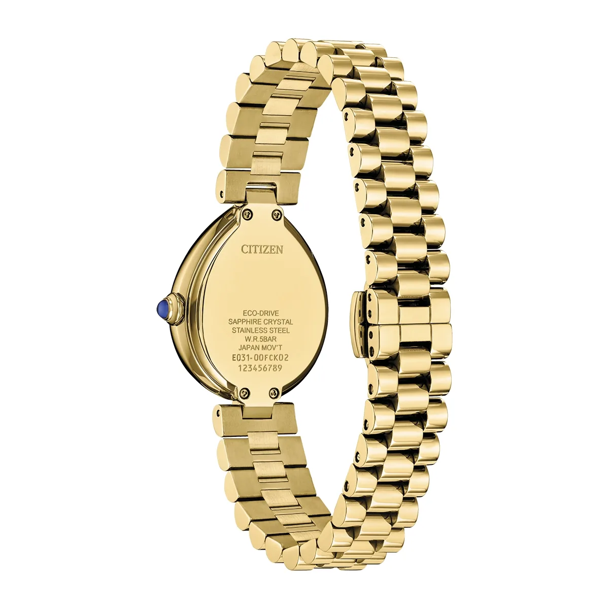 Reloj Citizen análogo, para Dama, tablero ovalado color dorado, estilo index, pulso acero color dorado