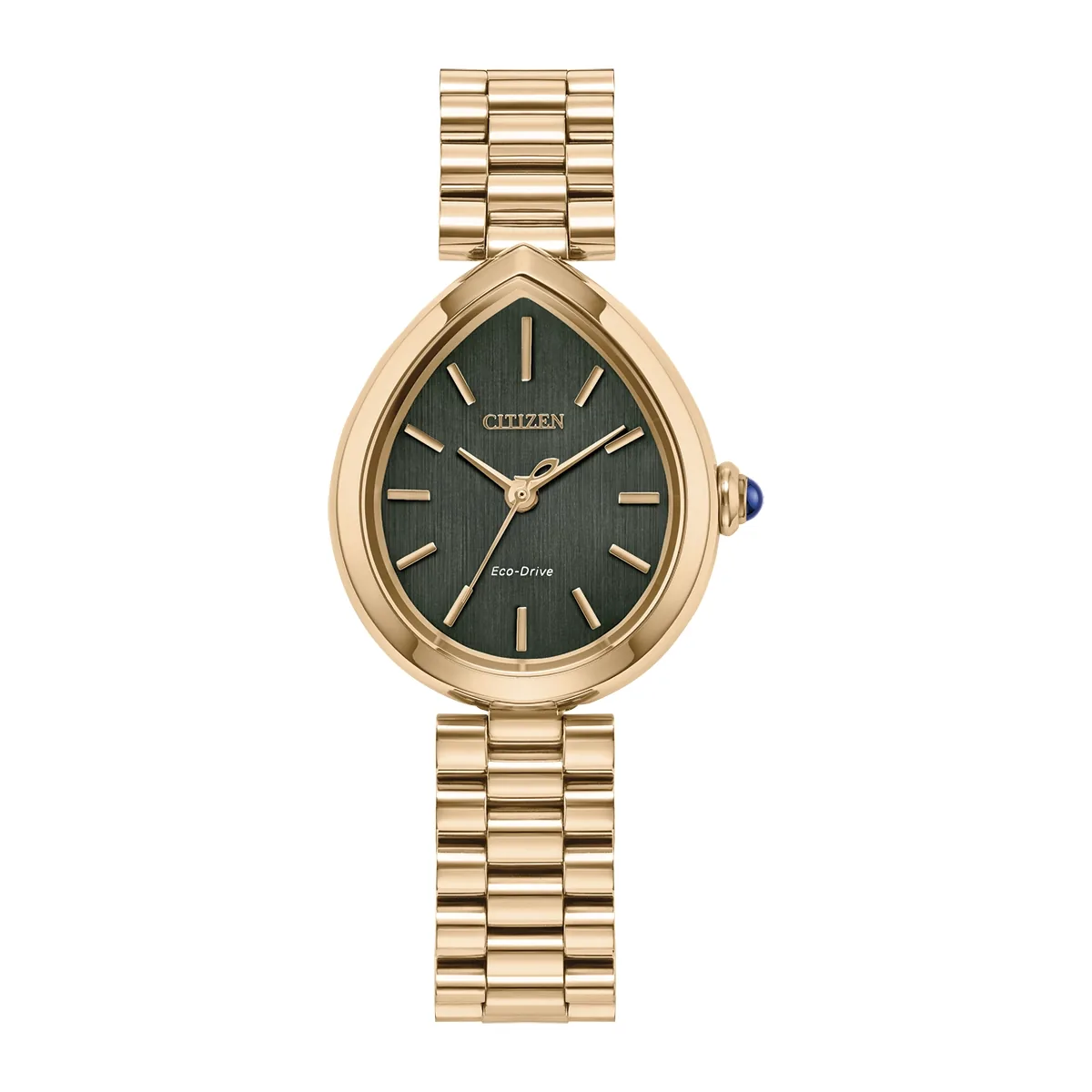 Reloj Citizen análogo, para Dama, tablero ovalado color verde, estilo index, pulso acero color rosa