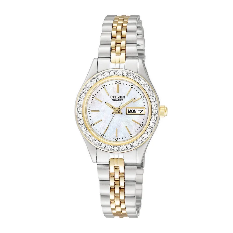 Reloj Citizen analogo, para Dama, tablero redondo color blanco, estilo index, pulso acero colores plateado y dorado, calendario