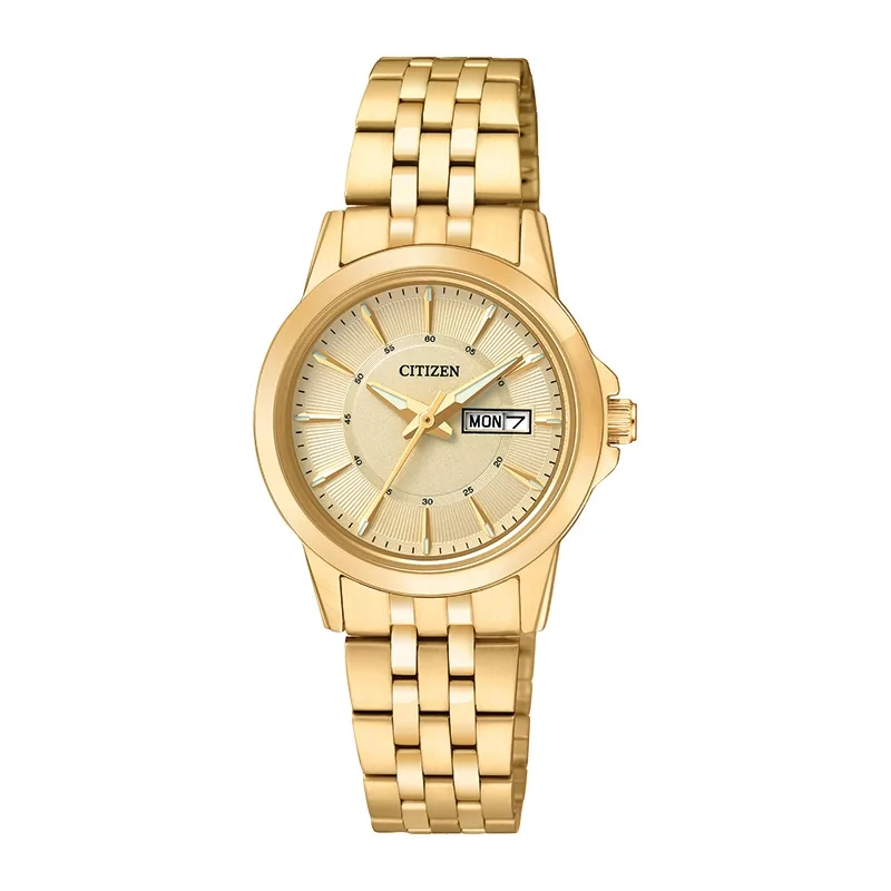 Reloj Citizen analogo, para Dama, tablero redondo color dorado, estilo index, pulso acero color dorado, calendario