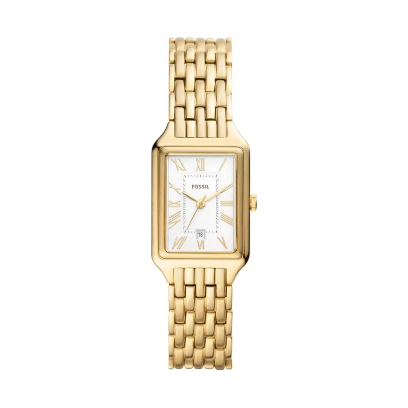 Reloj Fossil análogo, para Dama, tablero rectangular color plateado, estilo romanos, pulso acero color dorado, calendario