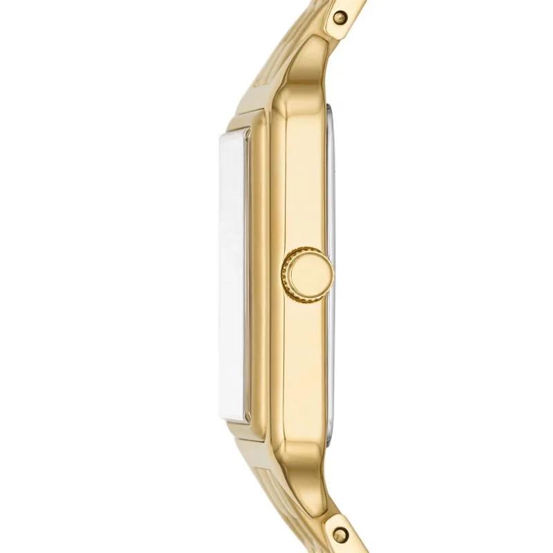 Reloj Fossil análogo, para Dama, tablero rectangular color plateado, estilo romanos, pulso acero color dorado, calendario