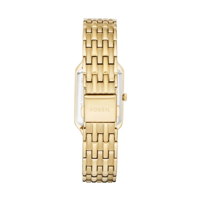 Reloj Fossil análogo, para Dama, tablero rectangular color plateado, estilo romanos, pulso acero color dorado, calendario
