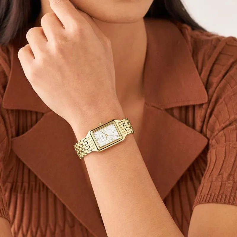 Reloj Fossil análogo, para Dama, tablero rectangular color plateado, estilo romanos, pulso acero color dorado, calendario