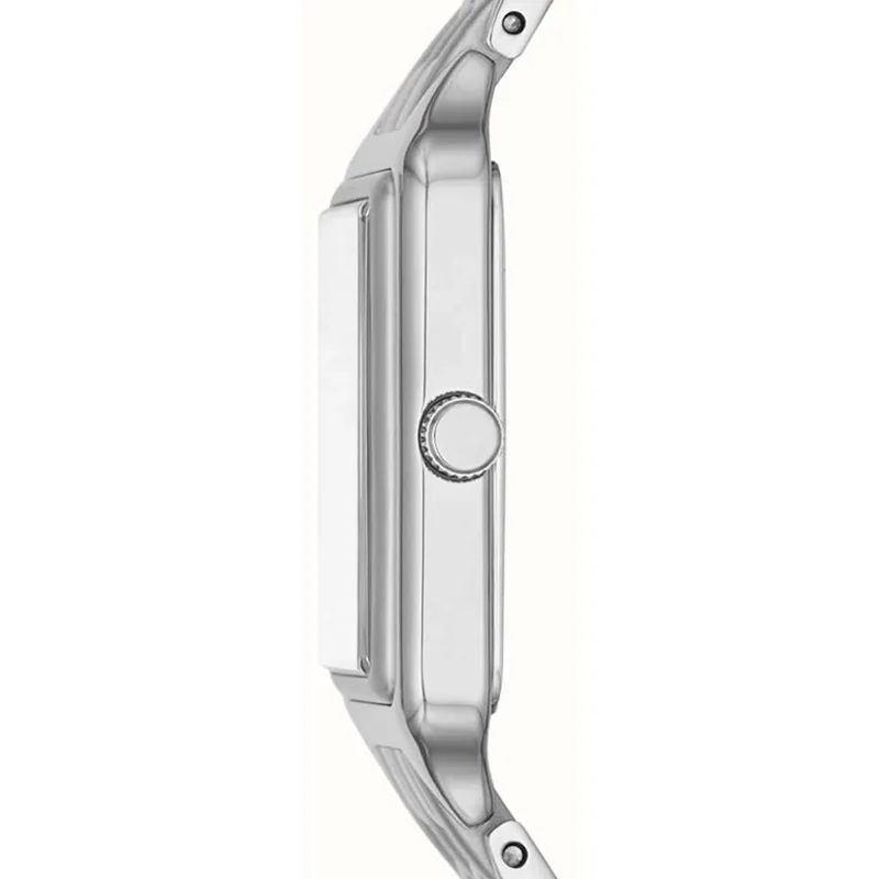 Reloj Fossil análogo, para Dama, tablero rectangular color plateado, estilo romanos, pulso acero color plateado, calendario