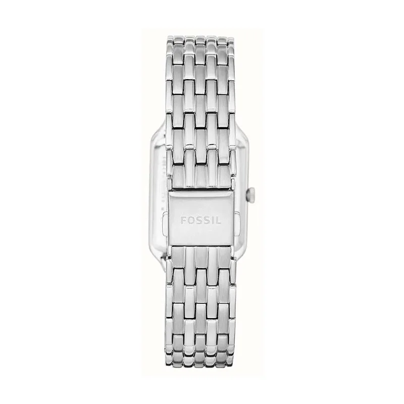 Reloj Fossil análogo, para Dama, tablero rectangular color plateado, estilo romanos, pulso acero color plateado, calendario
