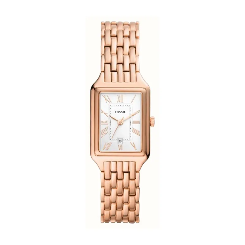 Reloj Fossil analogo, para Dama, tablero rectangular color plateado, estilo romanos, pulso acero color rosa, calendario