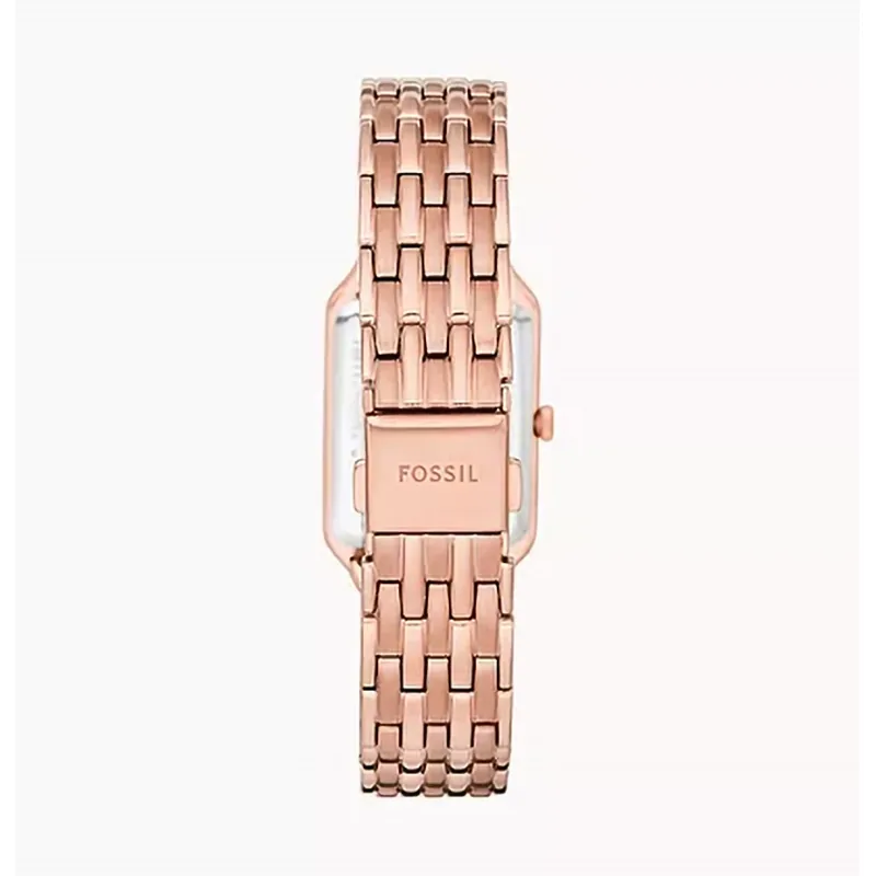 Reloj Fossil analogo, para Dama, tablero rectangular color plateado, estilo romanos, pulso acero color rosa, calendario