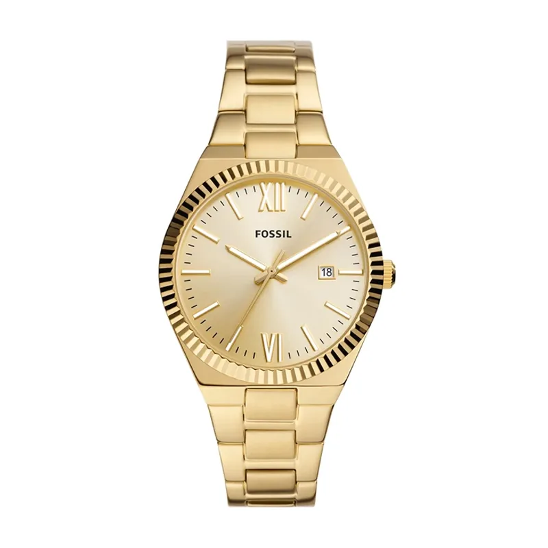 Reloj Fossil analogo, para Dama, tablero redondo color dorado, estilo index + romano, pulso acero color dorado, calendario