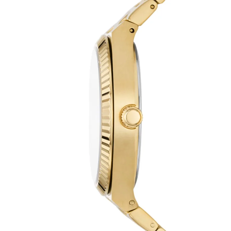 Reloj Fossil analogo, para Dama, tablero redondo color dorado, estilo index + romano, pulso acero color dorado, calendario