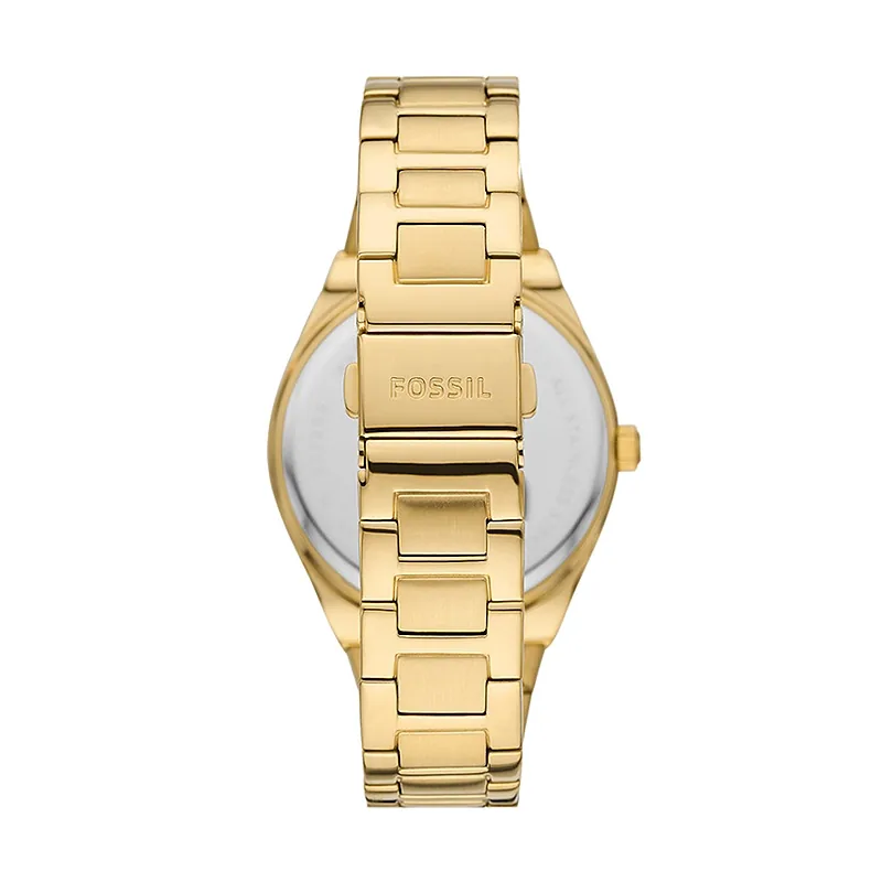 Reloj Fossil analogo, para Dama, tablero redondo color dorado, estilo index + romano, pulso acero color dorado, calendario