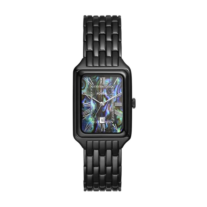Reloj Fossil analogo, para Dama, tablero rectangular color multi, estilo romanos, pulso acero color negro, calendario