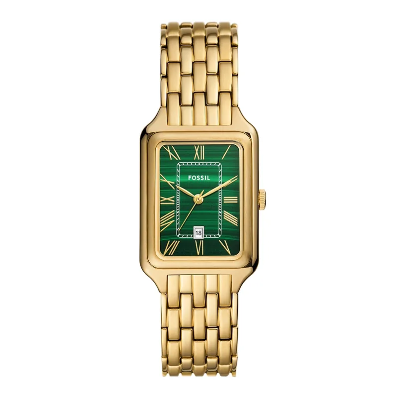 Reloj Fossil analogo, para Dama, tablero rectangular color verde, estilo romanos, pulso acero color dorado