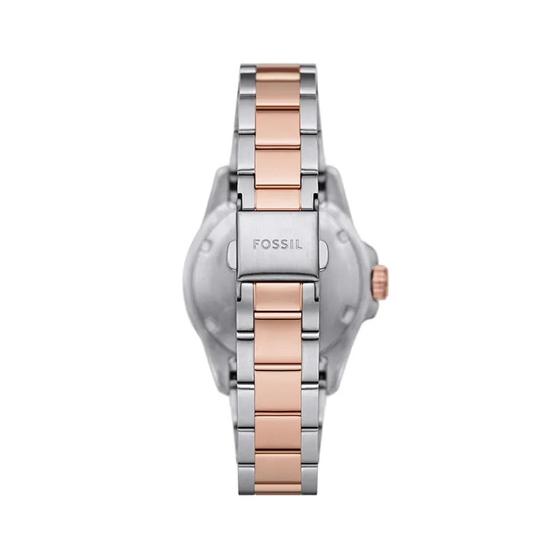 Reloj Fossil analogo, para Dama, tablero redondo color gris, estilo index + puntos, pulso acero colores plateado y rosa