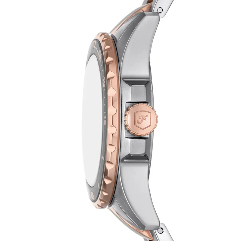 Reloj Fossil analogo, para Dama, tablero redondo color gris, estilo index + puntos, pulso acero colores plateado y rosa