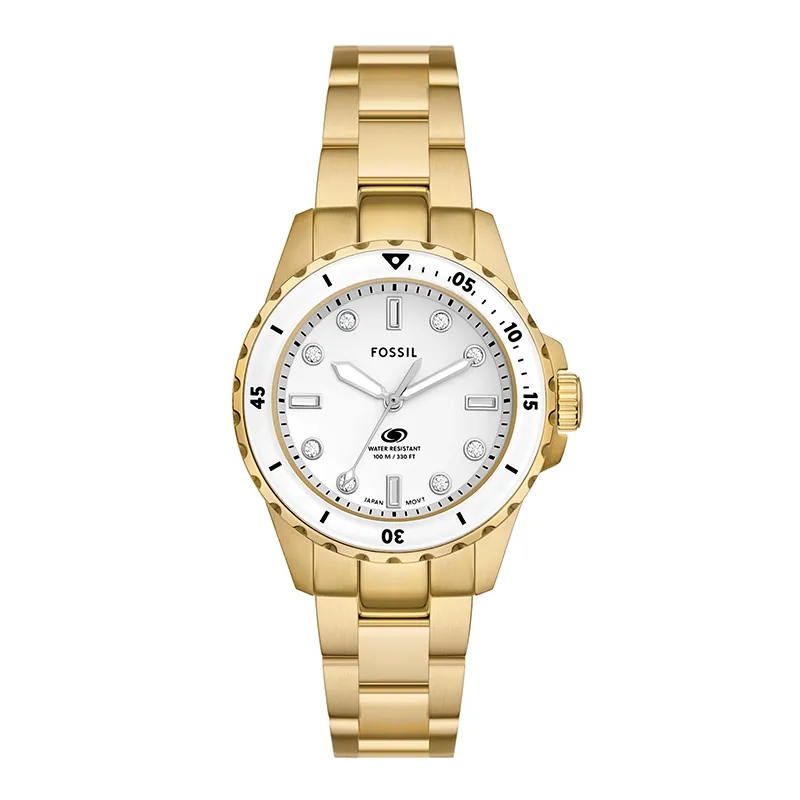 Reloj Fossil analogo, para Dama, tablero redondo color blanco, estilo index + puntos, pulso acero color dorado