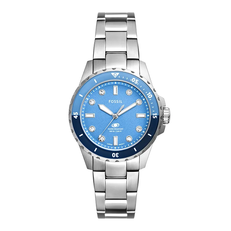 Reloj Fossil analogo, para Dama, tablero redondo color azul, estilo index + puntos, pulso acero color plateado