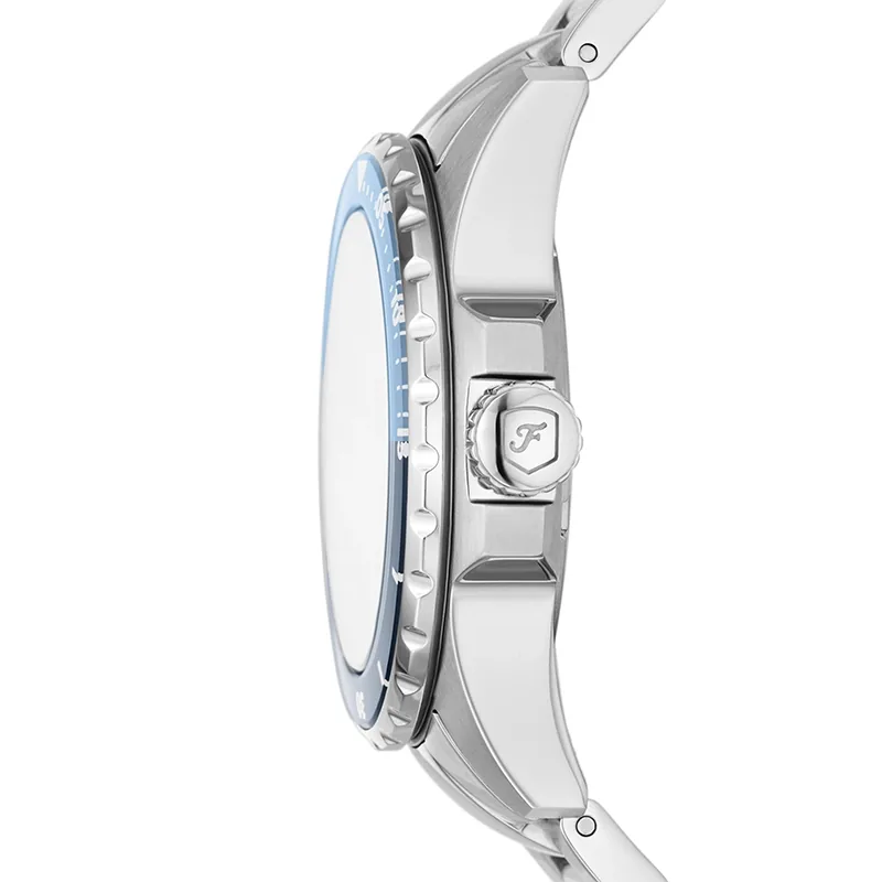 Reloj Fossil analogo, para Dama, tablero redondo color azul, estilo index + puntos, pulso acero color plateado