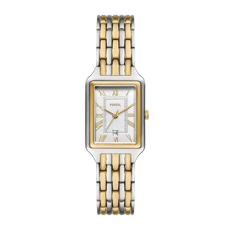 Reloj Fossil análogo, para Dama, tablero rectangular colores plateado y dorado, estilo romanos, pulso acero colores plateado y dorado, calendario