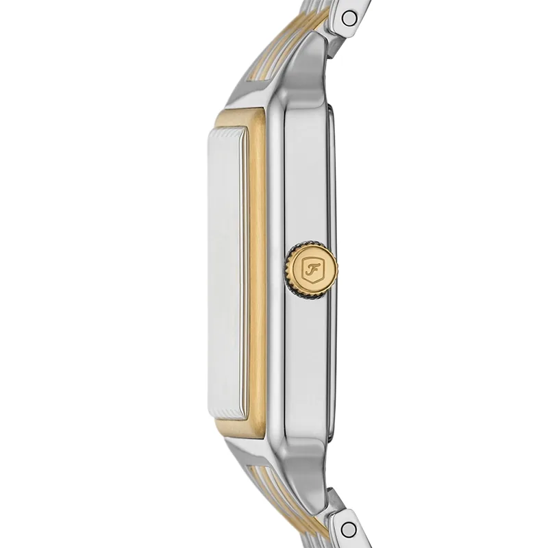 Reloj Fossil análogo, para Dama, tablero rectangular colores plateado y dorado, estilo romanos, pulso acero colores plateado y dorado, calendario