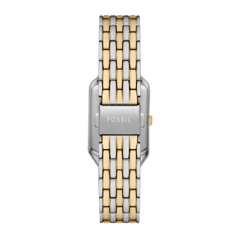 Reloj Fossil análogo, para Dama, tablero rectangular colores plateado y dorado, estilo romanos, pulso acero colores plateado y dorado, calendario