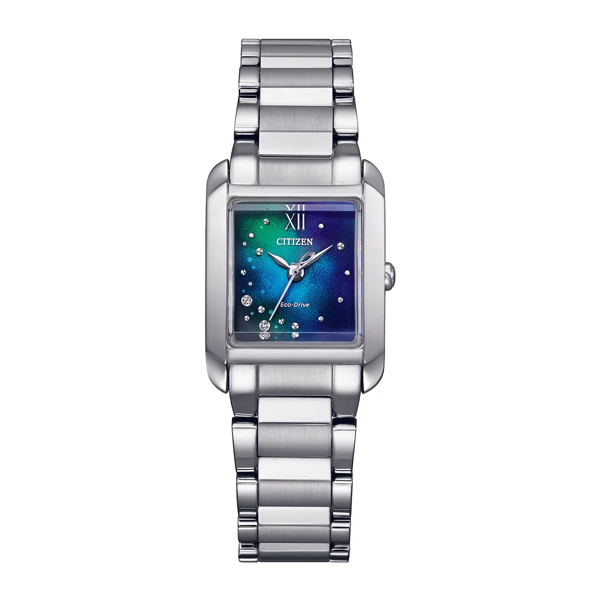 Reloj Citizen analogo, para Dama, tablero cuadrado color multi, estilo puntos + romano, pulso acero color plateado