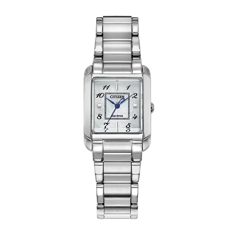 Reloj Citizen analogo, para Dama, tablero cuadrado color blanco, estilo index + arabigo, pulso acero color plateado