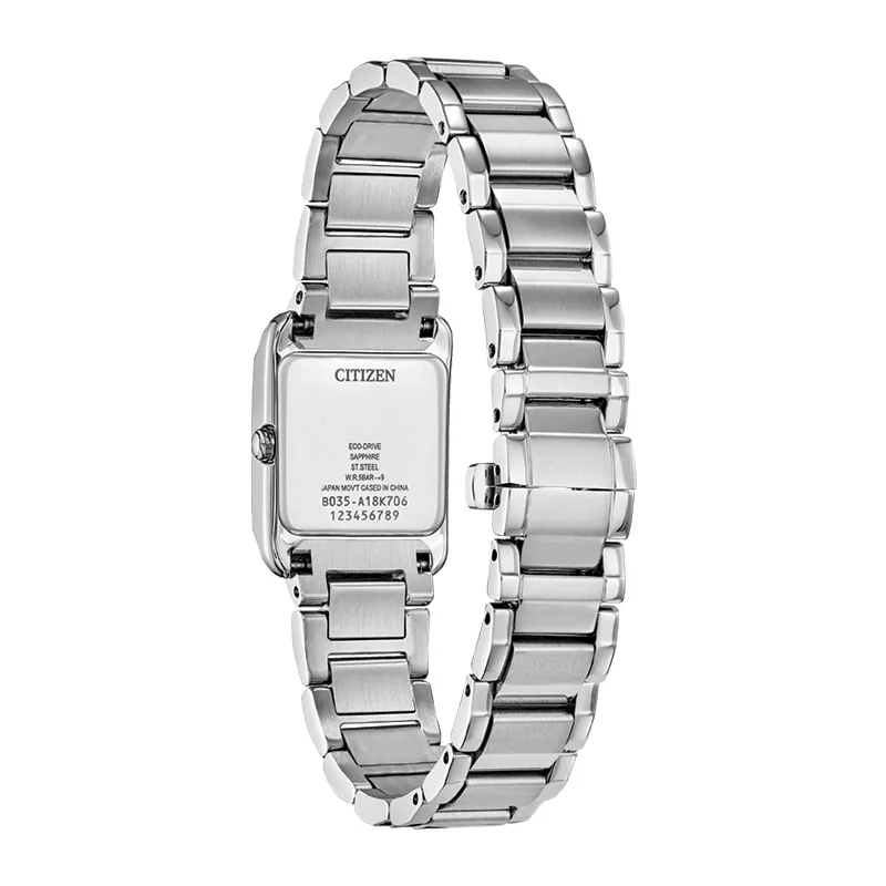 Reloj Citizen analogo, para Dama, tablero cuadrado color blanco, estilo index + arabigo, pulso acero color plateado