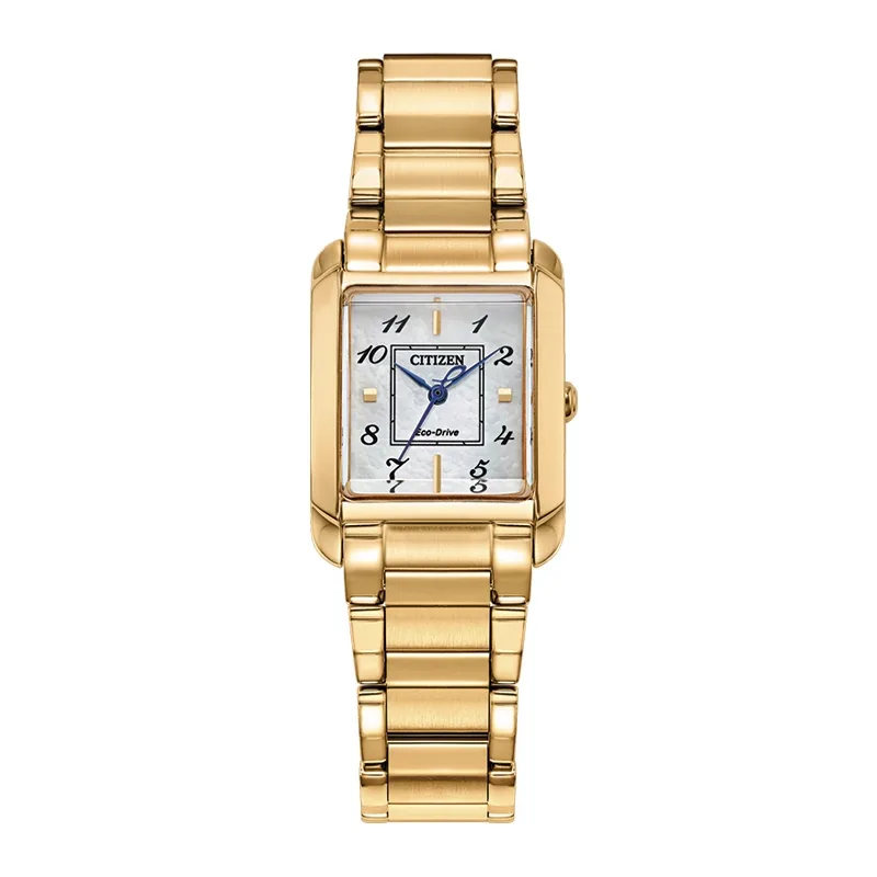 Reloj Citizen analogo, para Dama, tablero cuadrado color blanco, estilo index + arabigo, pulso acero color dorado