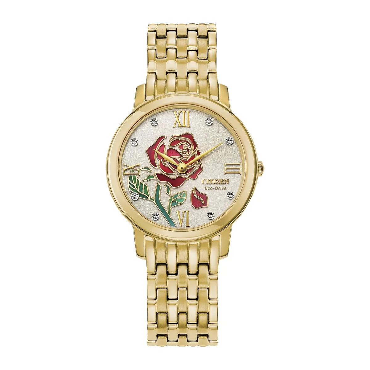 Reloj Citizen análogo, para Dama, tablero redondo color plateado, estilo puntos + romano, pulso acero color dorado