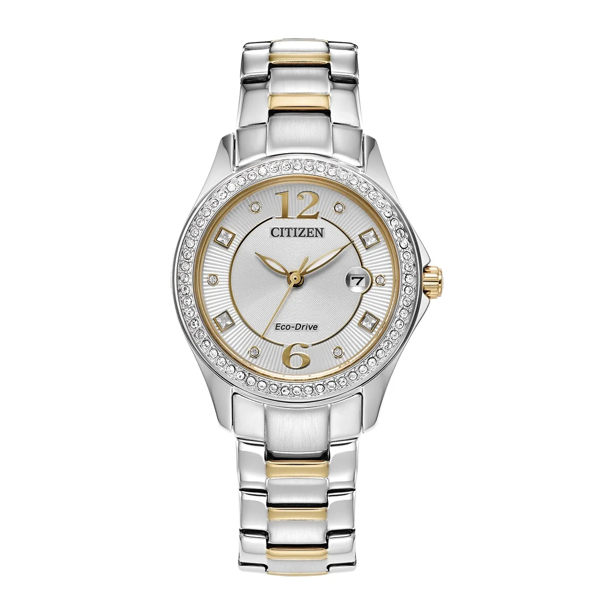 Reloj Citizen analogo, para Dama, tablero redondo color plateado, estilo puntos + arabigo, pulso acero colores plateado y dorado, calendario