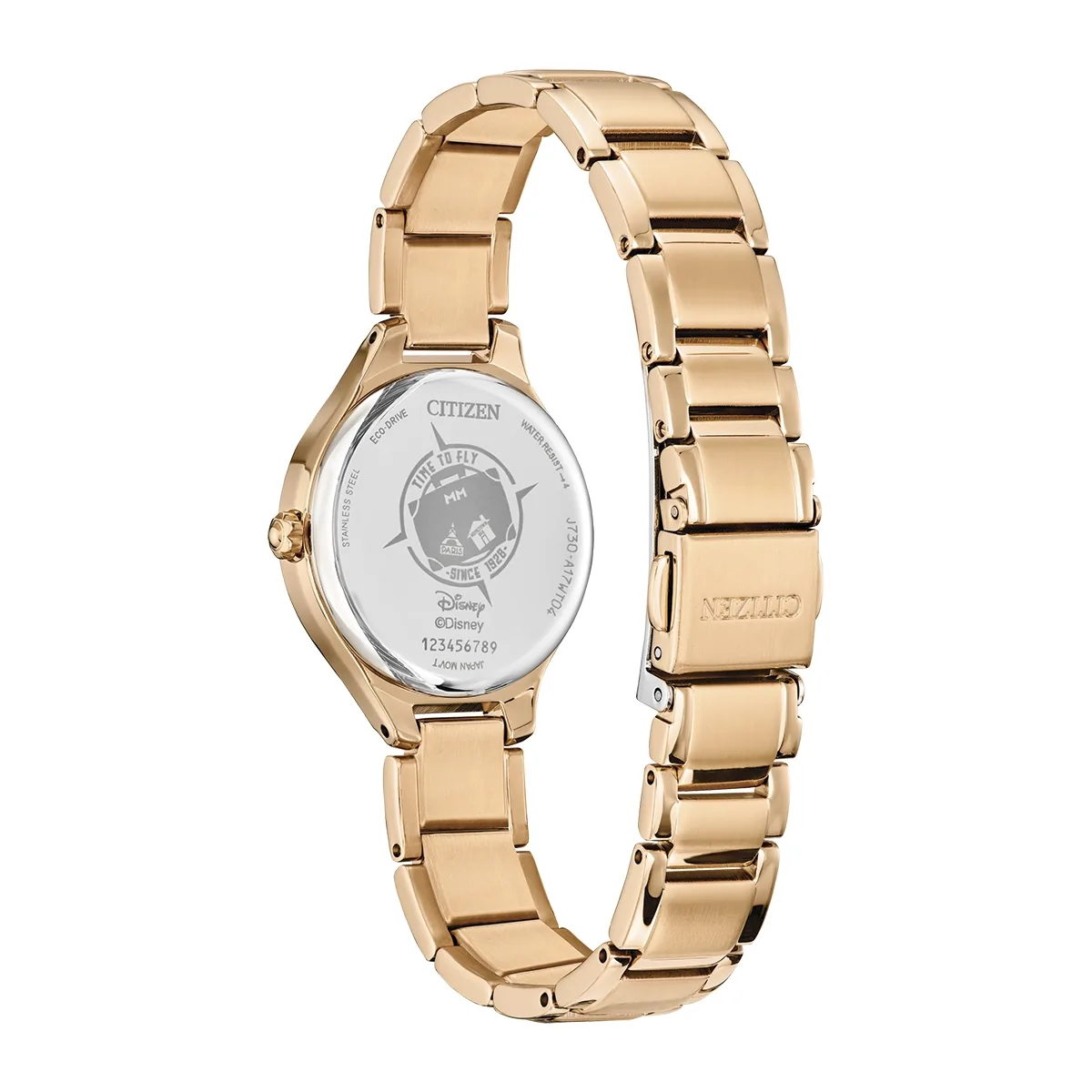 Reloj Citizen análogo, para Dama, tablero redondo color blanco, estilo arábigos, pulso acero color rosa