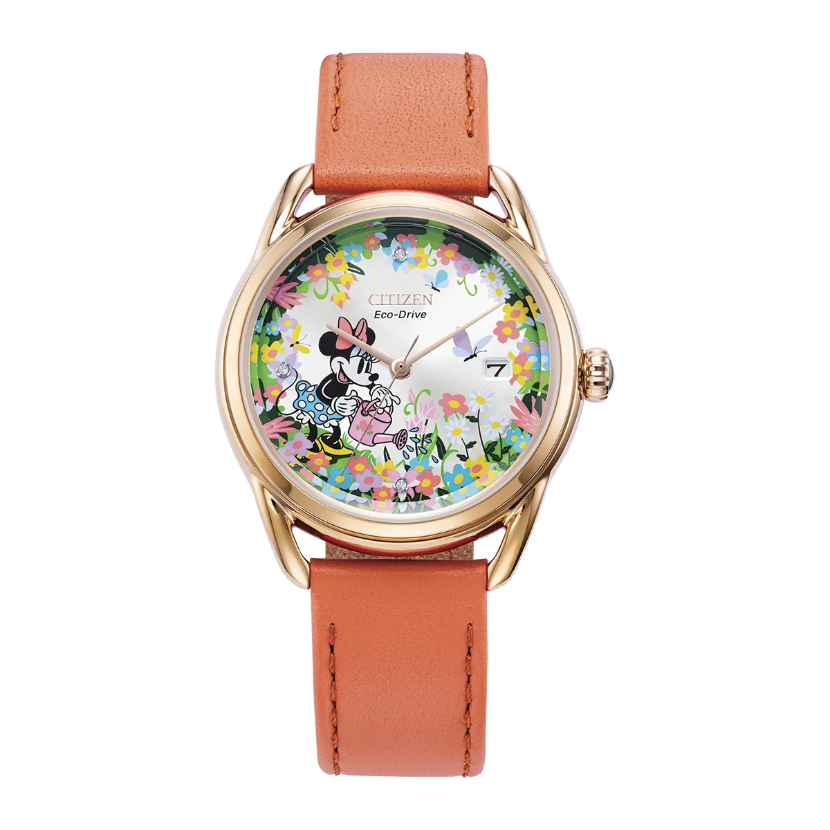 Reloj Citizen análogo, para Dama, tablero redondo color plateado, estilo puntos, pulso cuero color naranja, calendario