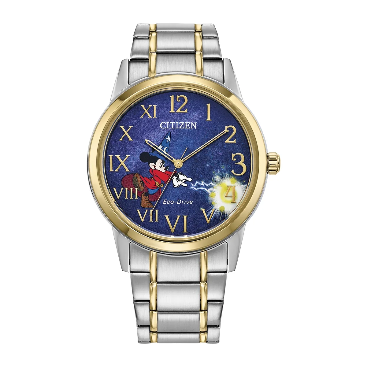 Reloj Citizen análogo, para Hombre, tablero redondo color azul, estilo arábigos + romanos, pulso acero colores plateado y dorado