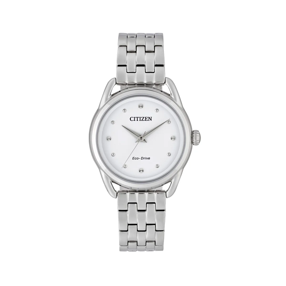 Reloj Citizen analogo, para Dama, tablero redondo color blanco, estilo puntos, pulso acero color plateado