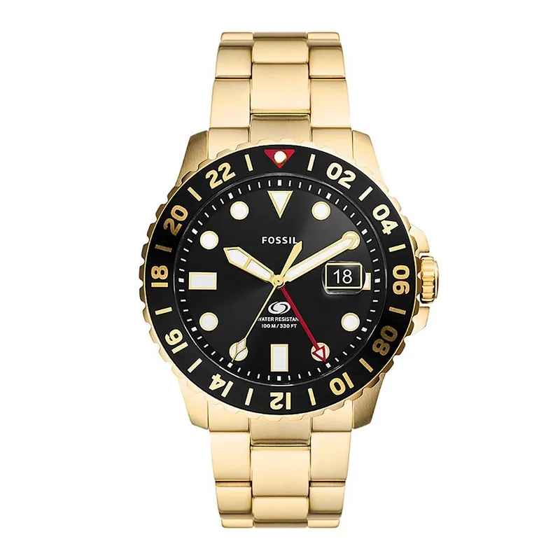 Reloj Fossil analogo, para Hombre, tablero redondo color negro, estilo index + puntos, pulso acero color dorado, calendario