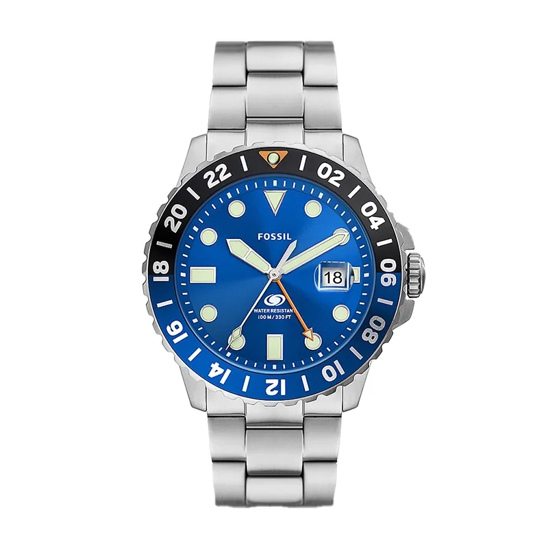 Reloj Fossil analogo, para Hombre, tablero redondo color azul, estilo index + puntos, pulso acero color plateado, calendario