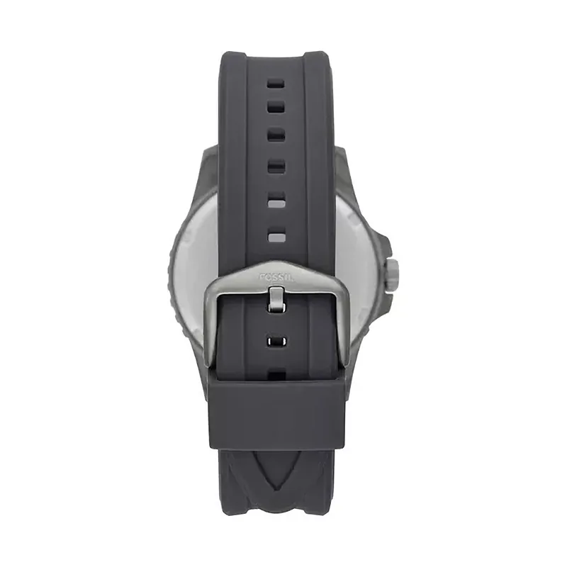 Reloj Fossil analogo, para Hombre, tablero redondo colores gris y verde, estilo index + puntos, pulso silicona color gris, calendario