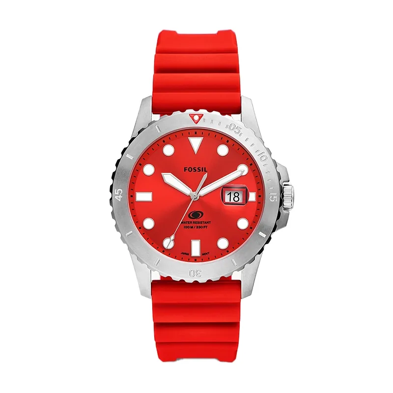 Reloj Fossil analogo, para Hombre, tablero redondo color rojo, estilo index + puntos, pulso silicona color rojo, calendario