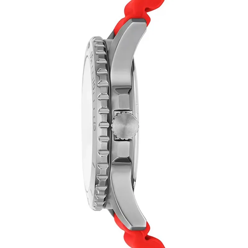 Reloj Fossil analogo, para Hombre, tablero redondo color rojo, estilo index + puntos, pulso silicona color rojo, calendario