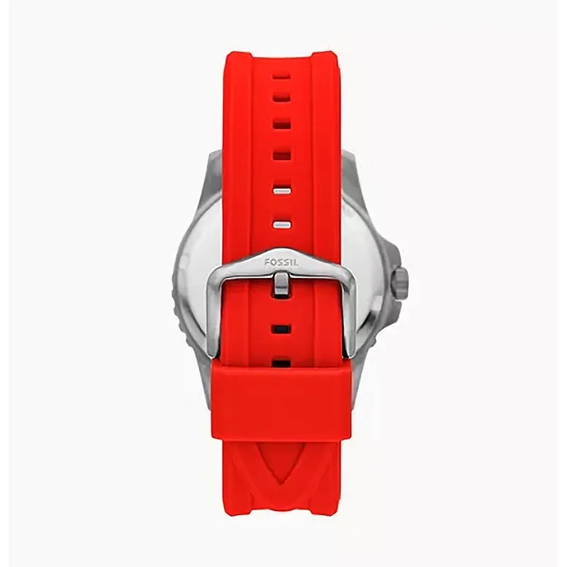 Reloj Fossil analogo, para Hombre, tablero redondo color rojo, estilo index + puntos, pulso silicona color rojo, calendario