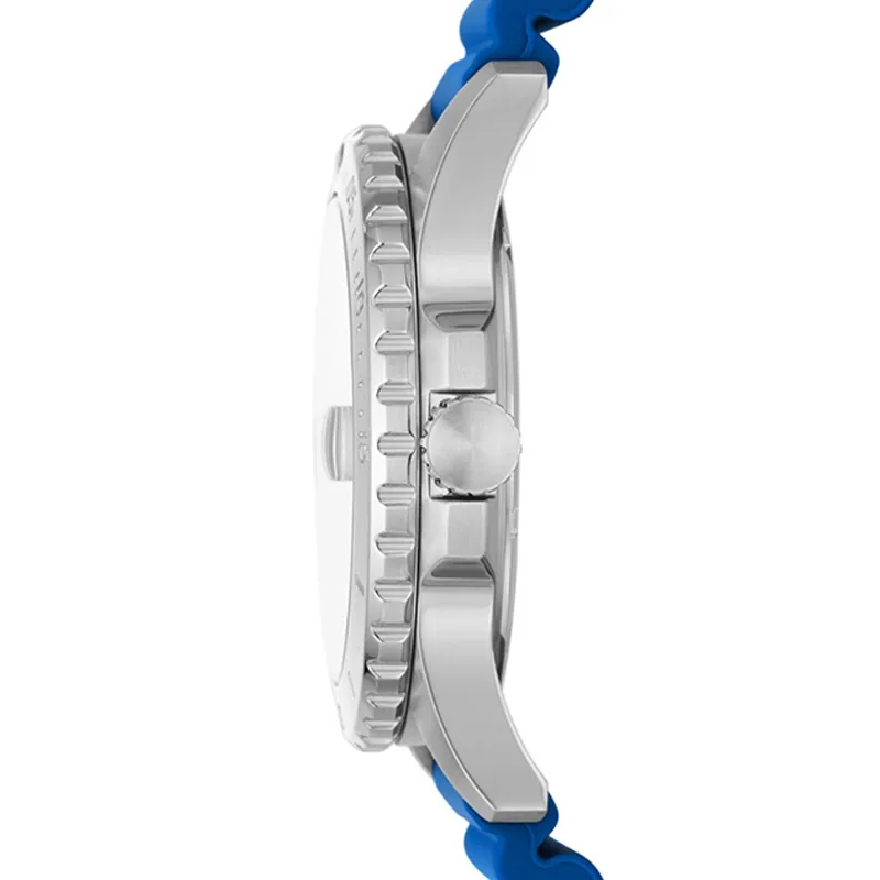 Reloj Fossil analogo, para Hombre, tablero redondo color azul, estilo index + puntos, pulso silicona color azul, calendario
