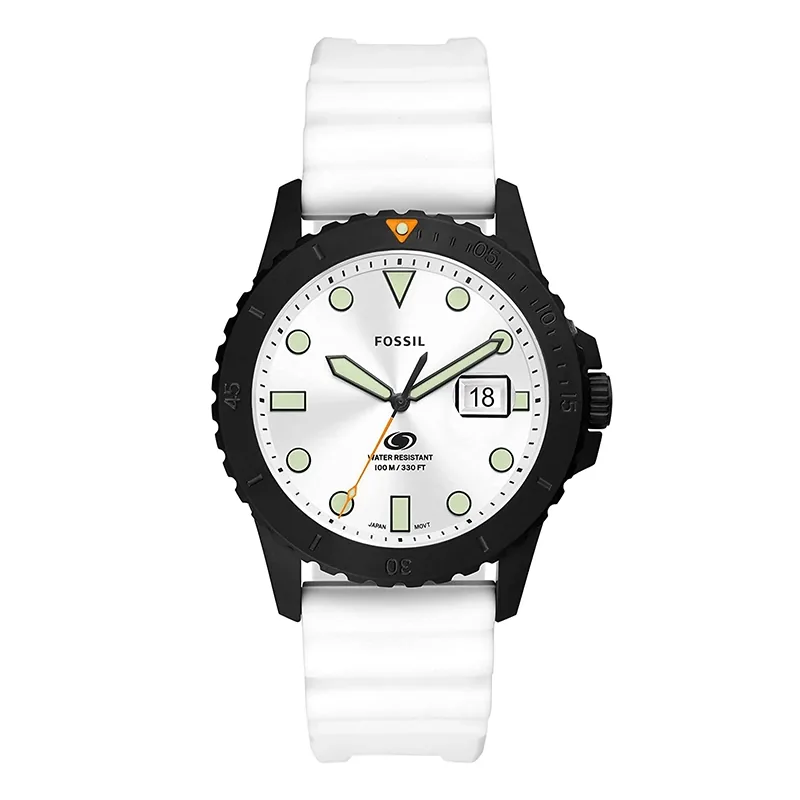 Reloj Fossil analogo, para Hombre, tablero redondo colores plateado y verde, estilo index + puntos, pulso silicona color blanco, calendario